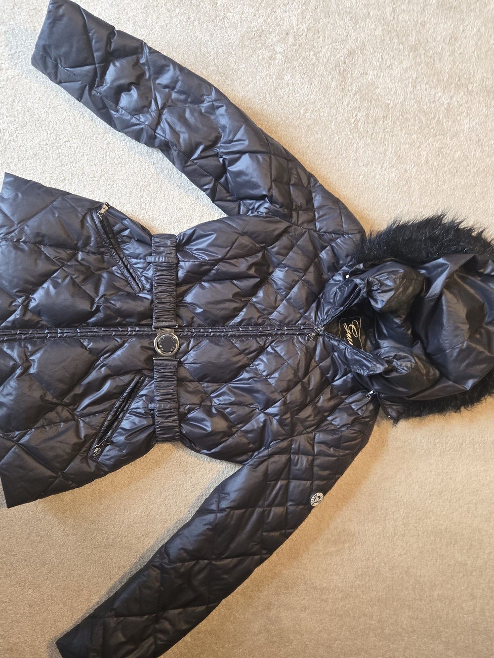 Guess Black Quilted Hooded Puffer Coat with Belt